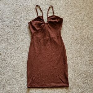 BEIGE BOTANY Brown Ribbed Mini Dress Spaghetti Straps Open Back Sz M Y2k Style
